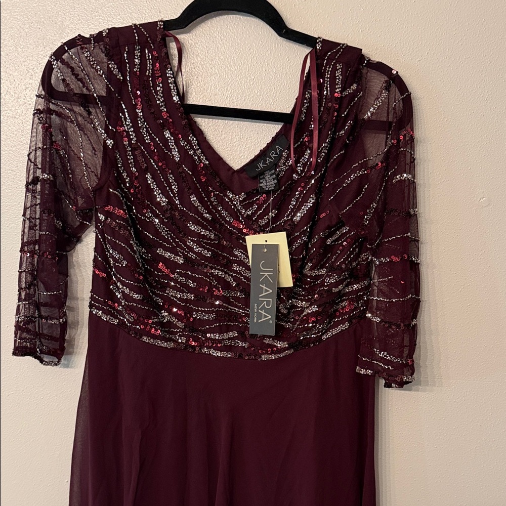 J Kara Womens Petite Beaded Gown Wine Multi 3/4 Sleeve Formal Dress 8P 5045WMP